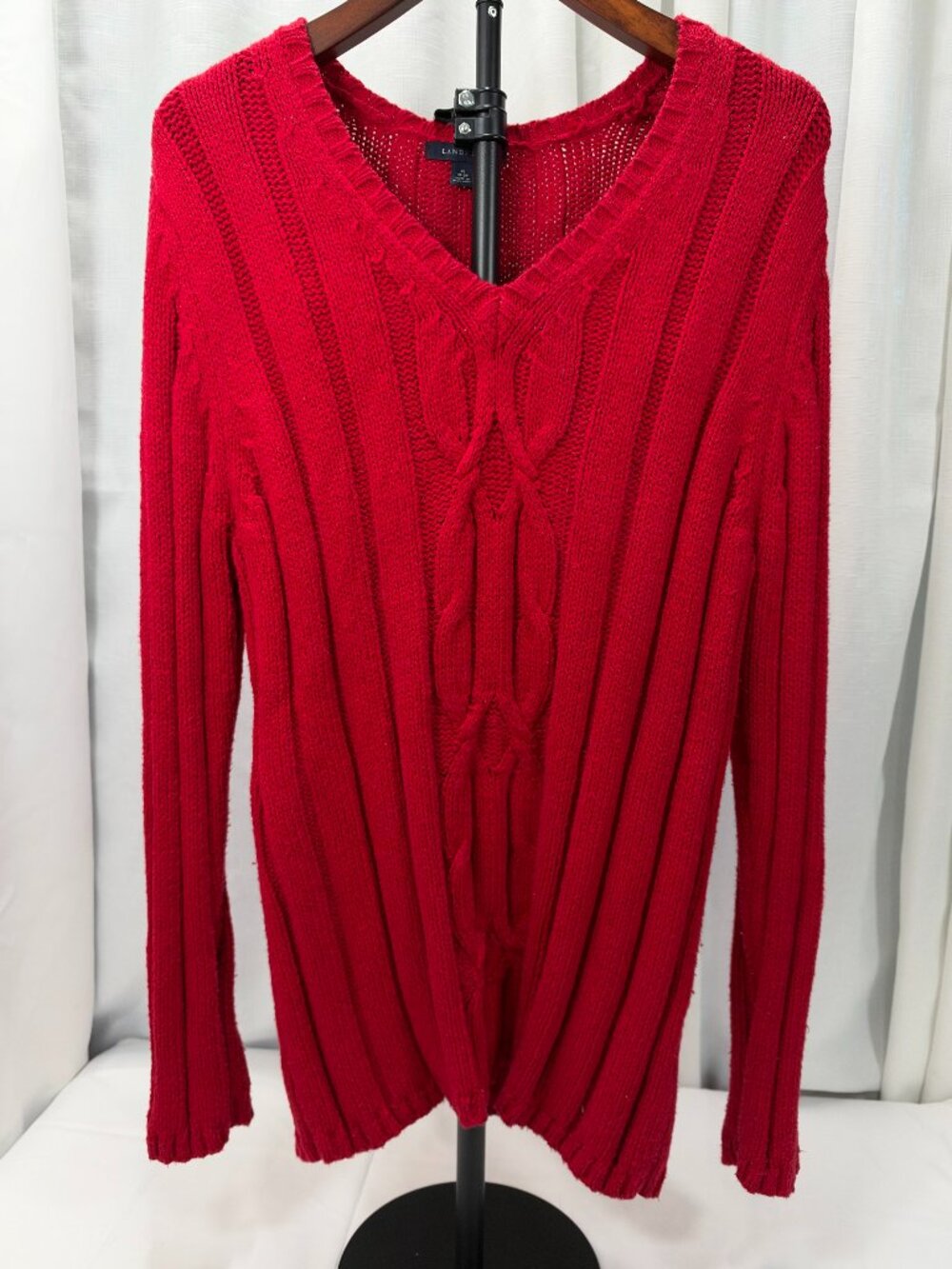 Lands' End Red Cable Knit V-Neck Sweater 100% Cotton XL